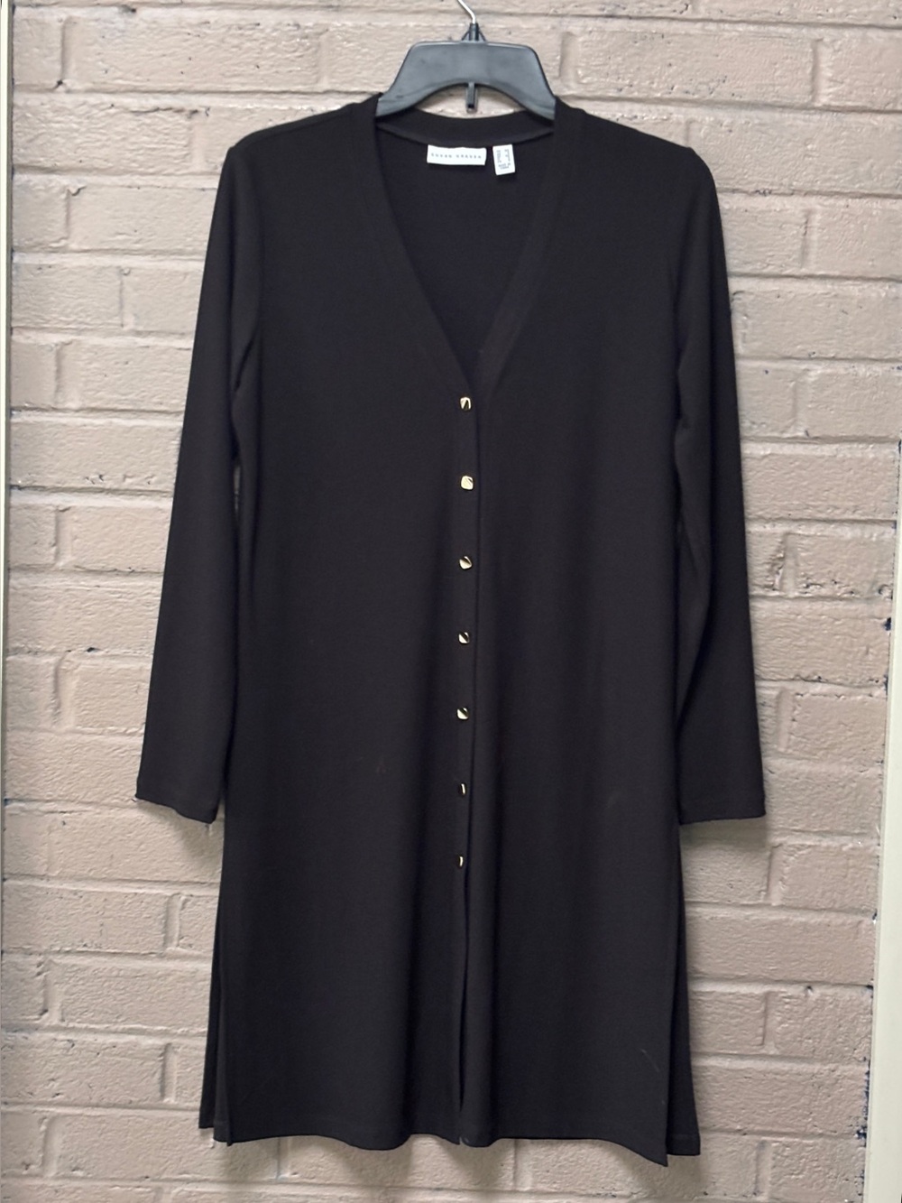 Susan Graver black liquid knit, long cardigan -topper XS